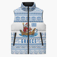 Greece Christmas Sleeveless Puffer Jacket with Santa Rowing Boat Greek Flag Laurel Wreath Parthenon and Blue White Pattern Design - Wonder Print Shop