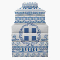 Greece Christmas Sleeveless Puffer Jacket with Santa Rowing Boat Greek Flag Laurel Wreath Parthenon and Blue White Pattern Design - Wonder Print Shop