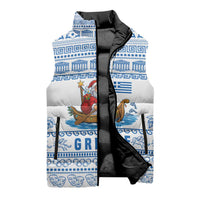 Greece Christmas Sleeveless Puffer Jacket with Santa Rowing Boat Greek Flag Laurel Wreath Parthenon and Blue White Pattern Design - Wonder Print Shop
