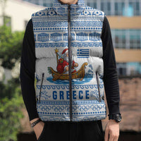 Greece Christmas Sleeveless Puffer Jacket with Santa Rowing Boat Greek Flag Laurel Wreath Parthenon and Blue White Pattern Design - Wonder Print Shop
