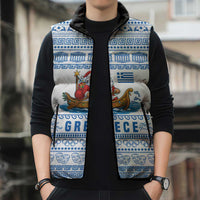 Greece Christmas Sleeveless Puffer Jacket with Santa Rowing Boat Greek Flag Laurel Wreath Parthenon and Blue White Pattern Design - Wonder Print Shop