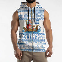 Greece Christmas Sleeveless Zip Hoodie with Santa Rowing Boat Greek Flag Laurel Wreath Parthenon and Blue White Pattern Design - Wonder Print Shop