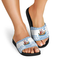 Greece Christmas Slide Sandals with Santa Rowing Boat Greek Flag Laurel Wreath Parthenon and Blue White Pattern Design - Wonder Print Shop