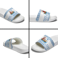 Greece Christmas Slide Sandals with Santa Rowing Boat Greek Flag Laurel Wreath Parthenon and Blue White Pattern Design - Wonder Print Shop