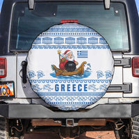 Greece Christmas Spare Tire Cover with Santa Rowing Boat Greek Flag Laurel Wreath Parthenon and Blue White Pattern Design - Wonder Print Shop