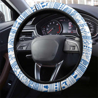 Greece Christmas Steering Wheel Cover with Santa Rowing Boat Greek Flag Laurel Wreath Parthenon and Blue White Pattern Design - Wonder Print Shop