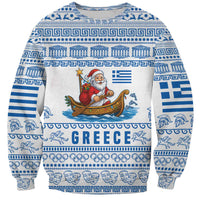 Greece Christmas Sweatshirt with Santa Rowing Boat Greek Flag Laurel Wreath Parthenon and Blue White Pattern Design - Wonder Print Shop