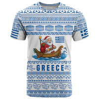 Greece Christmas T Shirt with Santa Rowing Boat Greek Flag Laurel Wreath Parthenon and Blue White Pattern Design - Wonder Print Shop