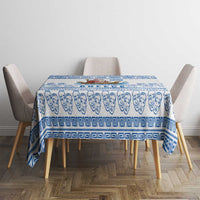 Greece Christmas Tablecloth with Santa Rowing Boat Greek Flag Laurel Wreath Parthenon and Blue White Pattern Design - Wonder Print Shop