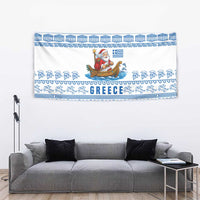 Greece Christmas Tapestry with Santa Rowing Boat Greek Flag Laurel Wreath Parthenon and Blue White Pattern Design - Wonder Print Shop