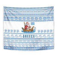 Greece Christmas Tapestry with Santa Rowing Boat Greek Flag Laurel Wreath Parthenon and Blue White Pattern Design - Wonder Print Shop