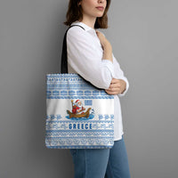 Greece Christmas Tote Bag with Santa Rowing Boat Greek Flag Laurel Wreath Parthenon and Blue White Pattern Design - Wonder Print Shop
