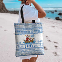 Greece Christmas Tote Bag with Santa Rowing Boat Greek Flag Laurel Wreath Parthenon and Blue White Pattern Design - Wonder Print Shop