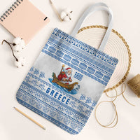 Greece Christmas Tote Bag with Santa Rowing Boat Greek Flag Laurel Wreath Parthenon and Blue White Pattern Design - Wonder Print Shop
