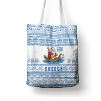 Greece Christmas Tote Bag with Santa Rowing Boat Greek Flag Laurel Wreath Parthenon and Blue White Pattern Design - Wonder Print Shop