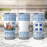 Greece Christmas Tumbler Cup with Santa Rowing Boat Greek Flag Laurel Wreath Parthenon and Blue White Pattern Design - Wonder Print Shop