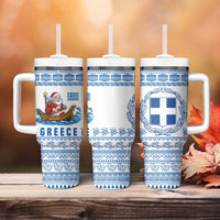 Greece Christmas Tumbler With Handle with Santa Rowing Boat Greek Flag Laurel Wreath Parthenon and Blue White Pattern Design - Wonder Print Shop