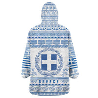 Greece Christmas Wearable Blanket Hoodie with Santa Rowing Boat Greek Flag Laurel Wreath Parthenon and Blue White Pattern Design - Wonder Print Shop