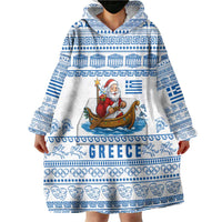 Greece Christmas Wearable Blanket Hoodie with Santa Rowing Boat Greek Flag Laurel Wreath Parthenon and Blue White Pattern Design - Wonder Print Shop