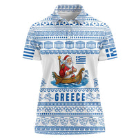 Greece Christmas Women Polo Shirt with Santa Rowing Boat Greek Flag Laurel Wreath Parthenon and Blue White Pattern Design - Wonder Print Shop