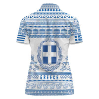 Greece Christmas Women Polo Shirt with Santa Rowing Boat Greek Flag Laurel Wreath Parthenon and Blue White Pattern Design - Wonder Print Shop
