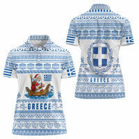 Greece Christmas Women Polo Shirt with Santa Rowing Boat Greek Flag Laurel Wreath Parthenon and Blue White Pattern Design - Wonder Print Shop