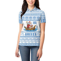 Greece Christmas Women Polo Shirt with Santa Rowing Boat Greek Flag Laurel Wreath Parthenon and Blue White Pattern Design - Wonder Print Shop