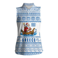 Greece Christmas Women Sleeveless Polo Shirt with Santa Rowing Boat Greek Flag Laurel Wreath Parthenon and Blue White Pattern Design - Wonder Print Shop