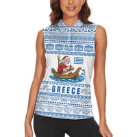 Greece Christmas Women Sleeveless Polo Shirt with Santa Rowing Boat Greek Flag Laurel Wreath Parthenon and Blue White Pattern Design - Wonder Print Shop