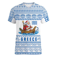 Greece Christmas Women V-Neck T-Shirt with Santa Rowing Boat Greek Flag Laurel Wreath Parthenon and Blue White Pattern Design - Wonder Print Shop