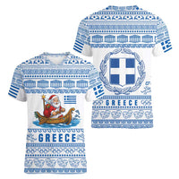 Greece Christmas Women V-Neck T-Shirt with Santa Rowing Boat Greek Flag Laurel Wreath Parthenon and Blue White Pattern Design - Wonder Print Shop