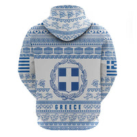 Greece Christmas Zip Hoodie with Santa Rowing Boat Greek Flag Laurel Wreath Parthenon and Blue White Pattern Design - Wonder Print Shop
