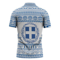 Greece Christmas Zipper Polo Shirt with Santa Rowing Boat Greek Flag Laurel Wreath Parthenon and Blue White Pattern Design - Wonder Print Shop