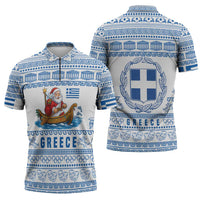 Greece Christmas Zipper Polo Shirt with Santa Rowing Boat Greek Flag Laurel Wreath Parthenon and Blue White Pattern Design - Wonder Print Shop