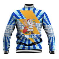 Greece Christmas Baseball Jacket with Zeus Santa Greek Flag Lightning Bolt Gift Bag and Blue Yellow Pattern Design - Wonder Print Shop