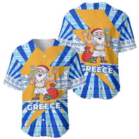 Greece Christmas Baseball Jersey with Zeus Santa Greek Flag Lightning Bolt Gift Bag and Blue Yellow Pattern Design - Wonder Print Shop