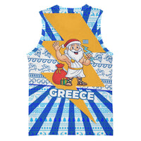 Greece Christmas Basketball Jersey with Zeus Santa Greek Flag Lightning Bolt Gift Bag and Blue Yellow Pattern Design - Wonder Print Shop