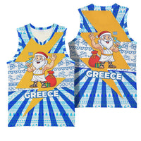 Greece Christmas Basketball Jersey with Zeus Santa Greek Flag Lightning Bolt Gift Bag and Blue Yellow Pattern Design - Wonder Print Shop