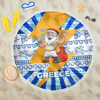 Greece Christmas Beach Blanket with Zeus Santa Greek Flag Lightning Bolt Gift Bag and Blue Yellow Pattern Design - Wonder Print Shop