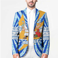 Greece Christmas Blazer with Zeus Santa Greek Flag Lightning Bolt Gift Bag and Blue Yellow Pattern Design - Wonder Print Shop