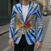 Greece Christmas Blazer with Zeus Santa Greek Flag Lightning Bolt Gift Bag and Blue Yellow Pattern Design - Wonder Print Shop