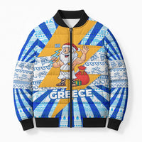 Greece Christmas Bomber Puffer Jacket with Zeus Santa Greek Flag Lightning Bolt Gift Bag and Blue Yellow Pattern Design - Wonder Print Shop