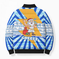 Greece Christmas Bomber Puffer Jacket with Zeus Santa Greek Flag Lightning Bolt Gift Bag and Blue Yellow Pattern Design - Wonder Print Shop