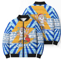 Greece Christmas Bomber Puffer Jacket with Zeus Santa Greek Flag Lightning Bolt Gift Bag and Blue Yellow Pattern Design - Wonder Print Shop