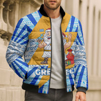 Greece Christmas Bomber Puffer Jacket with Zeus Santa Greek Flag Lightning Bolt Gift Bag and Blue Yellow Pattern Design - Wonder Print Shop