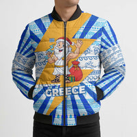 Greece Christmas Bomber Puffer Jacket with Zeus Santa Greek Flag Lightning Bolt Gift Bag and Blue Yellow Pattern Design - Wonder Print Shop
