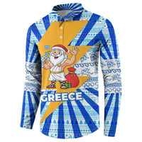 Greece Christmas Button Sweatshirt with Zeus Santa Greek Flag Lightning Bolt Gift Bag and Blue Yellow Pattern Design - Wonder Print Shop