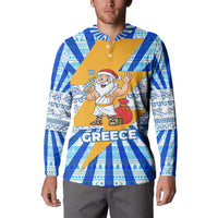Greece Christmas Button Sweatshirt with Zeus Santa Greek Flag Lightning Bolt Gift Bag and Blue Yellow Pattern Design - Wonder Print Shop
