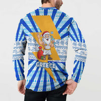 Greece Christmas Button Sweatshirt with Zeus Santa Greek Flag Lightning Bolt Gift Bag and Blue Yellow Pattern Design - Wonder Print Shop