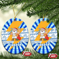 Greece Christmas Ceramic Ornament with Zeus Santa Greek Flag Lightning Bolt Gift Bag and Blue Yellow Pattern Design - Wonder Print Shop